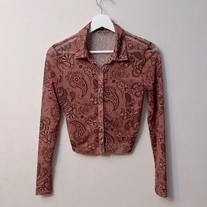 Shein top long sleeve brown floral sheer mesh nude size S Y2K